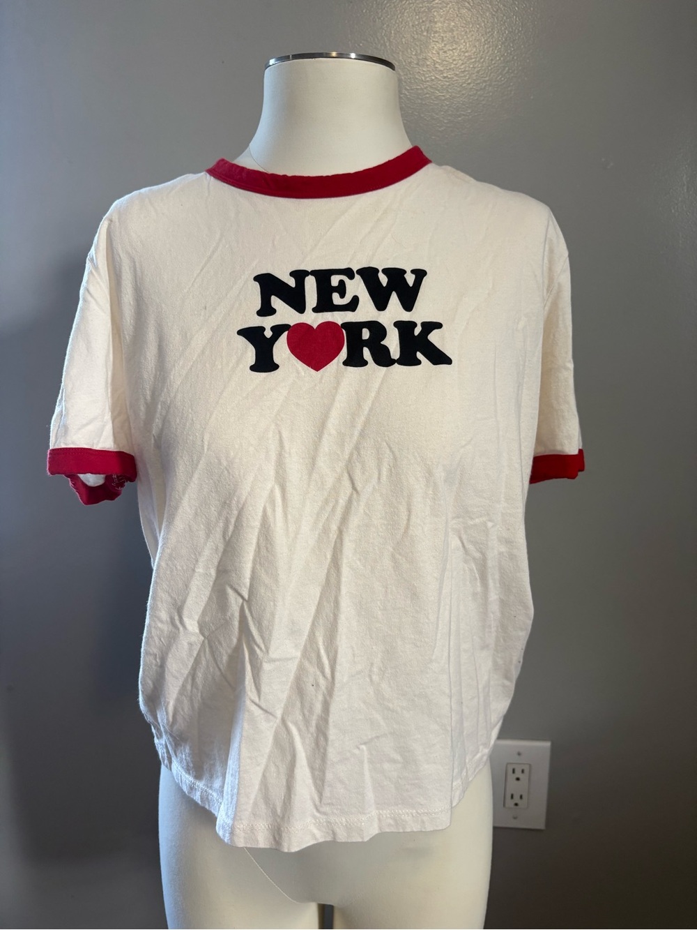 Zara White Tee with Red Trim and Black "New York" Graphic